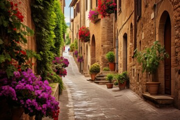  Charming uphill street in italy, with vibrant flowers decorating the old stone buildings