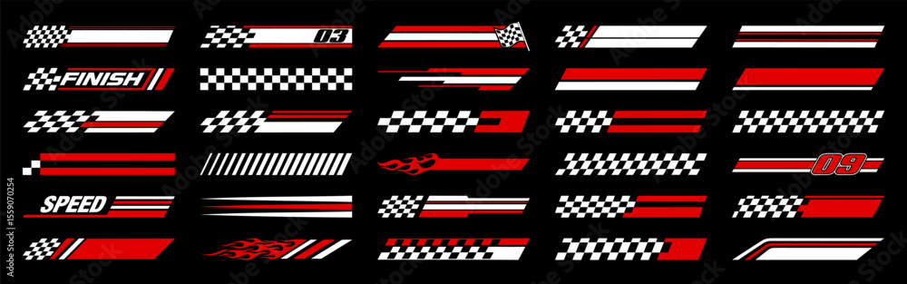 Racing cars and race car stripes set. Checkered flag, motocross labels ...