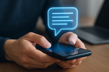 Person holding a smartphone with a glowing blue chat bubble icon hovering above the screen display