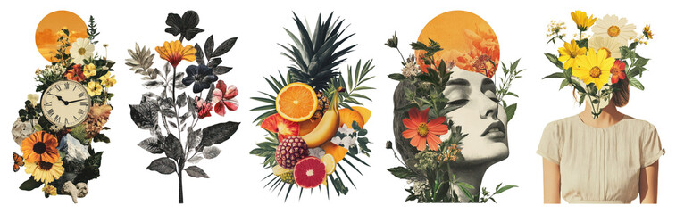 Wall Mural - png artistic floral collage portraits, element set on transparent background