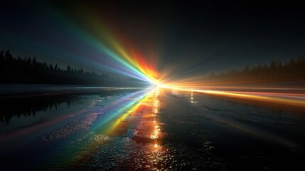 Wall Mural - a stunning rainbow beam emanates from the horizon, casting vivid reflections on a tranquil lake surr