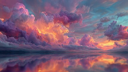 Wall Mural - A breathtaking view reveals a colorful sunset sky filled with vibrant clouds. The tranquil water reflects the hues as dusk settles over the picturesque landscape.