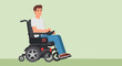 © PojokMillennials - A cartoon illustration of a man in a powered wheelchair, side view.