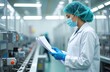 © miss irine - Factory worker wearing medical face mask checks production line in sterile environment. Woman in protective gear inspects product, documents for quality control, production line. Healthcare, science,