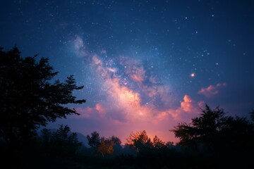 Wall Mural - night sky with milky way over trees