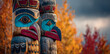© john - Alaska totem pole in Ketchichan town, cruise travel autumn destination for USA. Wooden post hand carved bird native art panoramic banner.