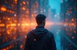 © miss irine - Man stands in futuristic cityscape. Orange bokeh lights create data streams, digital connections, artificial intelligence concept. Modern tech, innovative design, cyber world, business technology.