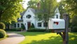 © miss irine - White mailbox on wooden post. Green grass lawn, trees, and a house create suburban landscape. Sunny day. Front yard with path leading to a residential home. Ideal for illustrating postal service.
