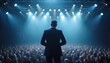© miss irine - Businessman stands on stage facing large audience. Spotlights illuminate scene, highlighting presence, anticipation of crowd. Leadership, success, corporate event, keynote speech, business strategy.
