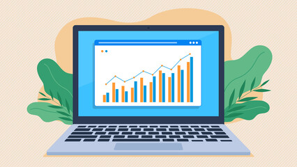 Stock market results bar chart on internet tile screen. Website with stock market chart on laptop screen.  Flat design illustration. Marketing results graph. 