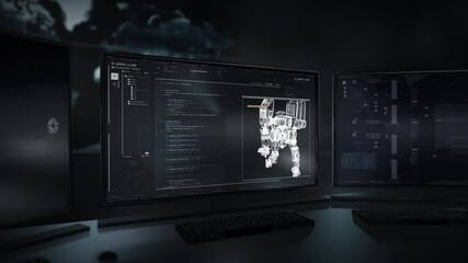 Hacker writes a code into the internet program. Coding inside of the digital internet program. Entering programming language code in the futuristic internet software. Robot character development.