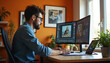 © miss irine - Male graphic designer works at home office on dual monitor setup. Creative pro edits photo, digital artwork on computer. Man focused on work, using keyboard, mouse, tablet. Modern stylish interior