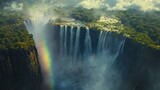 Dramatic aerial view of Victoria Falls with rainbow