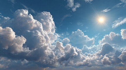 Wall Mural - Brilliant sun illuminates fluffy cumulus clouds forming in the blue sky during the daytime