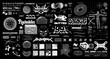 © SergeyBitos - Futuristic brutalism graphic box for streetwear, typography, prints t-shirt. Y2K and HUD elements in retrofuturistic set with 3D wireframes shapes, digital lettering, cyberpunk elements. Vector set