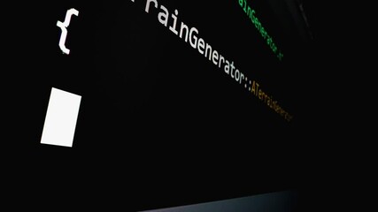 Closeup macro shot movement of coding script moving across LED screen with real-time AI-generated typing, showcasing advanced AI learning in optimization, debug and coding for software development.