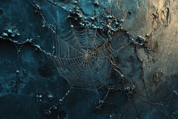 A spiderweb glistens with moisture against a dark, textured wall, highlighting its intricate and fragile design.