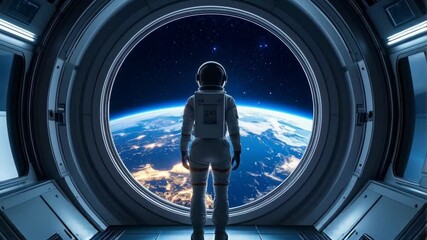 Astronaut gazing at Earth from spaceship window, observing vibrant blue planet and distant twinkling stars in deep outer space.