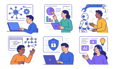 Set of technology and artificial intelligence illustrations including data analysis, coding, cybersecurity, machine learning, and human-robot interaction. Flat vector icons with bright color palette. 