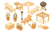 © AI - Isometric illustration of backyard garden and patio elements including sun loungers, table, chairs, umbrella, barbecue grill, pergola, potted plants, garden lamp, watering can, and storage box. Flat v