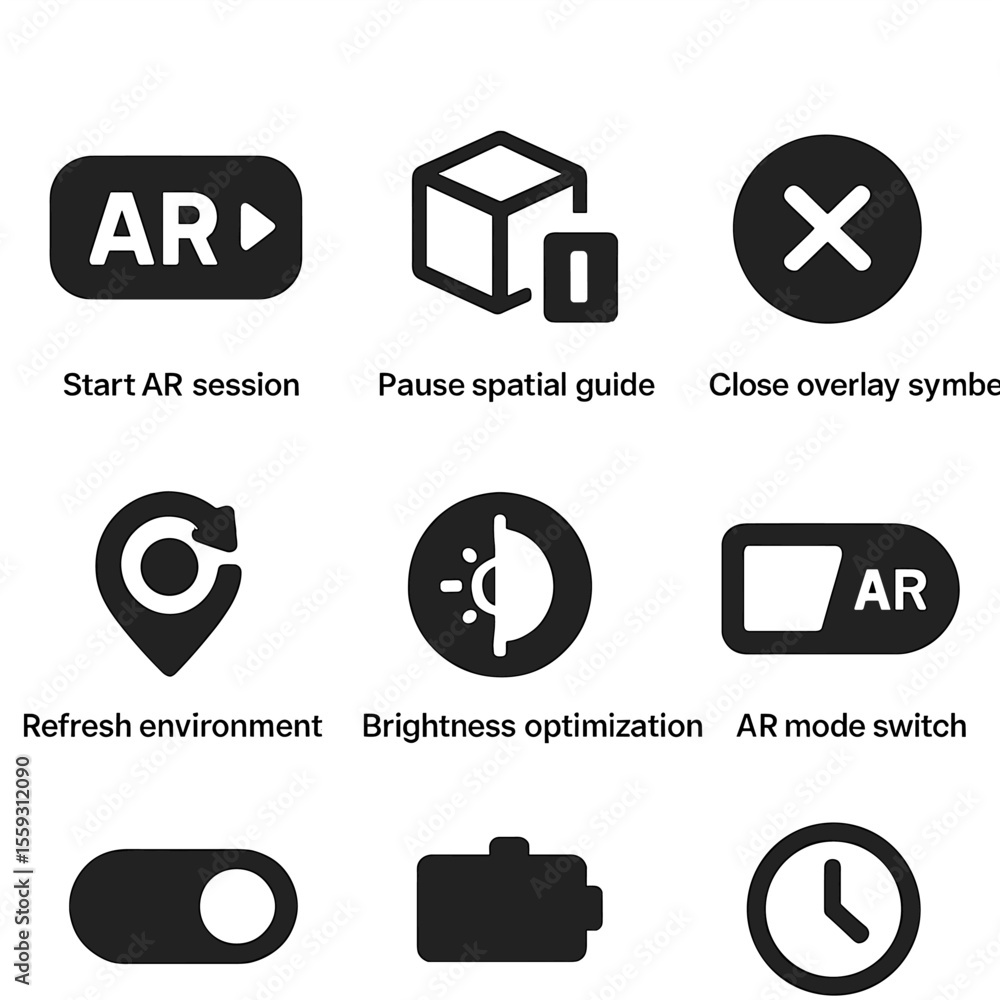 AR Session Icons. Solid style icons of AR session management: start AR ...