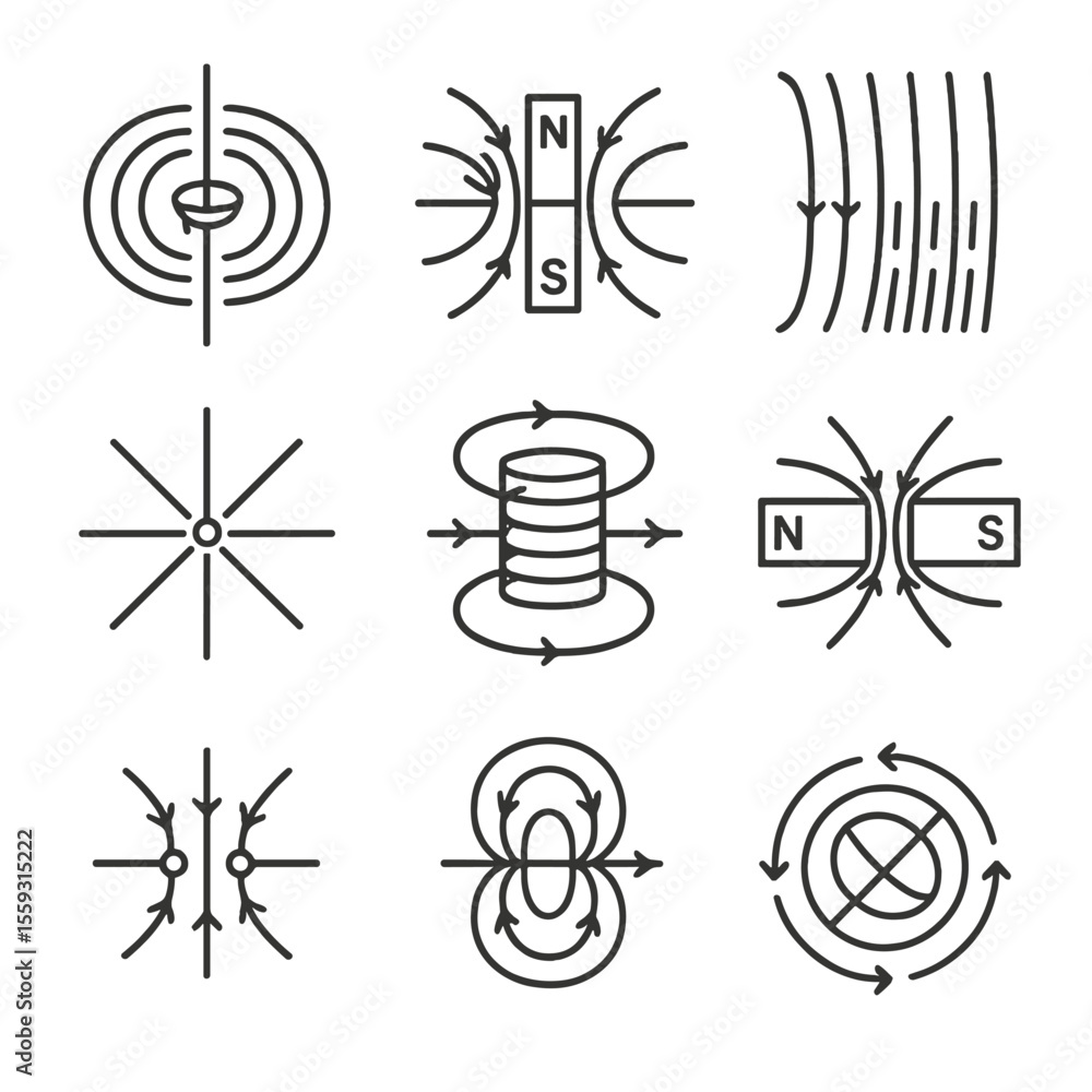 Vector de Stock Magnetic Field Icons. Line style icons of magnetic ...