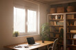 © Stockphotodirectors - A bright home office showcases a wooden desk with a laptop and coffee cup, while natural light filters through blinds illuminating a nearby bookshelf and plants.