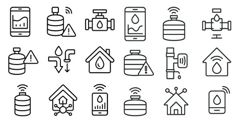 outlined water-related icons, including bottles, houses, and pipelines.