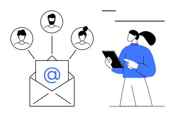 Wall Mural - envelope with at-sign and human profiles representing email networking. woman points at tablet, symb