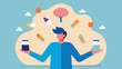 © Justlight - An image of a person juggling various tasks with a small bottle of brain health supplements in the corner promoting the idea that these supplements can help enhance multitasking. Vector illustration
