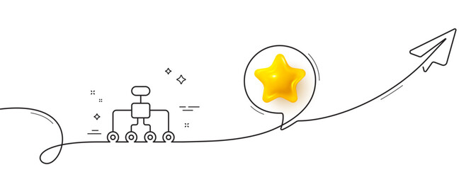 Restructuring line icon. Continuous line with share plane. Business architecture sign. Delegate symbol. 3d star in speech bubble. Restructuring single line ribbon. Loop curve pattern. Vector