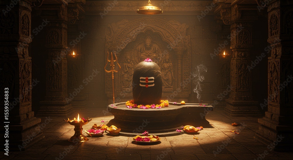 Shiv Object Mystical Shiva Lingam Shrine with Offerings and Lit Lamps in a Dimly ...
