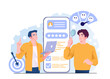 © Rudzhan - Two men analyzing customer feedback with a mobile app interface showing star ratings and survey results, flat cartoon style on a white background. Concept of review analysis. Vector illustration