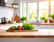 © Pixel Alchemist - Fresh vegetables including tomatoes and lettuce arranged on wooden cutting board in bright kitchen. sunlight streams through window, creating warm and inviting atmosphere