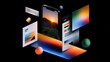 © DSimage - Abstract digital composition featuring a smartphone with a sunset image, surrounded by colorful geometric shapes and digital interface elements.