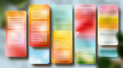 Abstract smartphone interface design with colorful, blurred app screens on a light background, showcasing digital technology and modern UI concepts.