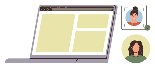 Laptop displaying blank layout and two user profile images, one verified. Ideal for technology, security, profile management, identity verification, interface design, authentication, simple flat