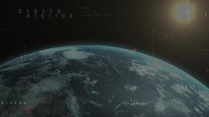 Wall Mural - glow forming at earth edge starting sun rising, earth showing land and code streams forming dawn