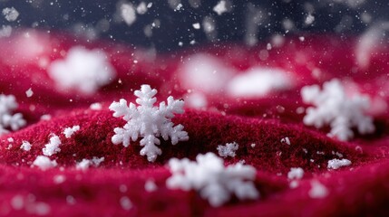Wall Mural - Close-up of delicate snowflakes resting on a textured red fabric, creating a festive winter scene with a soft focus background.