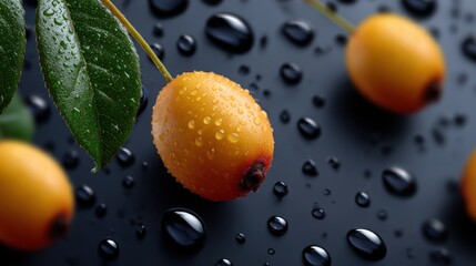 Wall Mural - Close-up of vibrant orange berries with dewdrops on a dark surface, accompanied by green leaves, showcasing freshness and natural beauty.