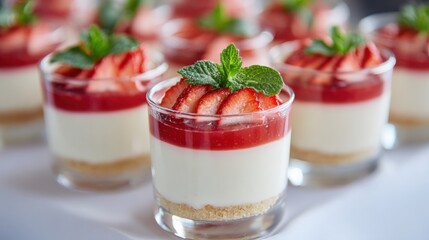 Wall Mural - Delicious strawberry cheesecakes in glass cups, topped with fresh mint leaves, arranged on a white table for a dessert buffet.