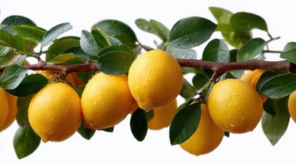 Wall Mural - Fresh yellow lemons with water droplets hang from a branch with green leaves against a white background.
