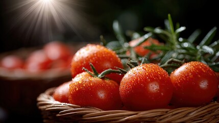 Wall Mural - Fresh cherry tomatoes with water droplets in a wicker basket, garnished with rosemary, illuminated by sunlight.