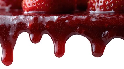 Wall Mural - Close-up of fresh strawberries with glossy red syrup dripping over the edge against a white background.