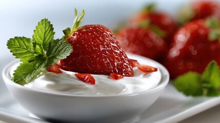 Wall Mural - A fresh strawberry with mint garnish sits atop creamy yogurt in a white bowl, with more strawberries blurred in the background.