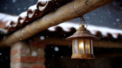 Wall Mural - a warm, glowing lantern hangs under a snow-dusted roof, casting light amidst softly falling snowflak