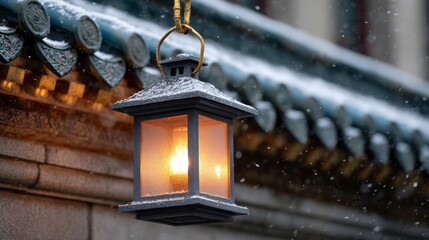 Wall Mural - a glowing lantern hangs from a snow-dusted traditional roof, casting warm light amidst falling snowf