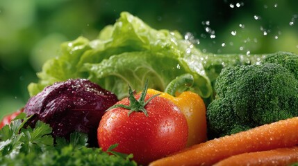 Wall Mural - Fresh vegetables with water droplets, including tomato, lettuce, broccoli, carrots, and bell pepper, showcasing vibrant colors and healthy produce.