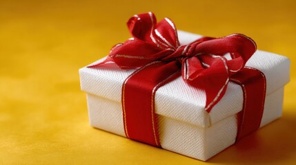 Wall Mural - White gift box with a red ribbon on a vibrant yellow background, symbolizing celebration and surprise.