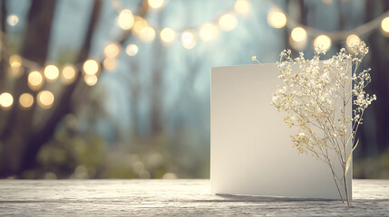 Blank white card placed on wooden table with soft diffused lighting, minimalist composition and clean background for versatile use. Simple and elegant design concept.
